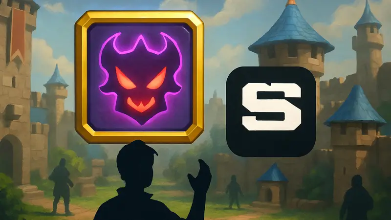 Изображение секретного значка Хаоса в игре Clash Royale и логотип игры Supercell.