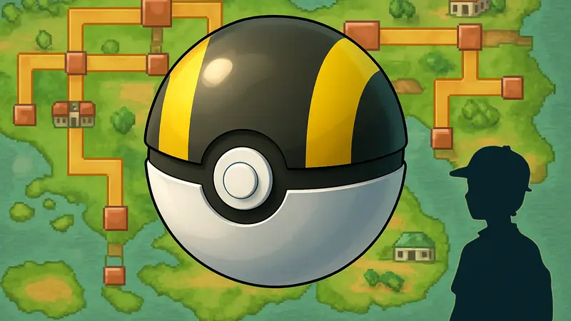 Изображение Ультрабола на фоне скриншота Pokémon FireRed и LeafGreen с картой региона Канто.