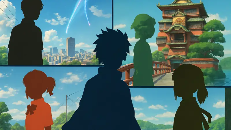 Кадры из различных аниме-фильмов, включая Your Name и Spirited Away, как альтернатива Demon Slayer.