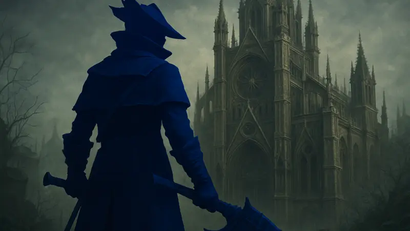 Охотник из Bloodborne, стоящий на фоне готического собора Ярнама.