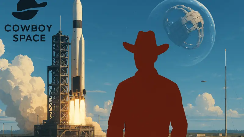 Ракета на стартовой площадке, космический дата-центр на орбите, логотип Cowboy Space