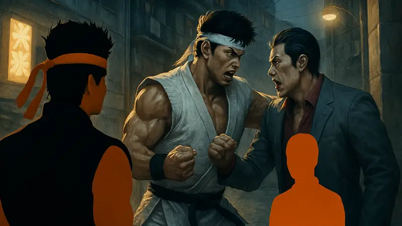 Персонажи файтинга Virtua Fighter Crossroads на фоне сюжетной кат-сцены.