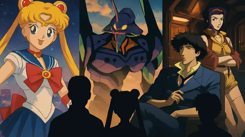 Коллаж из кадров культовых аниме 90-х: Сейлор Мун, Евангелион, Ковбой Бибоп. Легендарные сериалы.