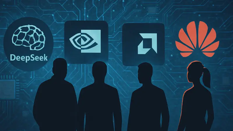 Логотипы DeepSeek, Nvidia, AMD и Huawei на фоне микросхем или нейронной сети.