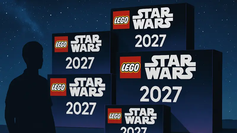 Пять коробок LEGO Star Wars с логотипом и датой 2027 год, на фоне звёздного неба.