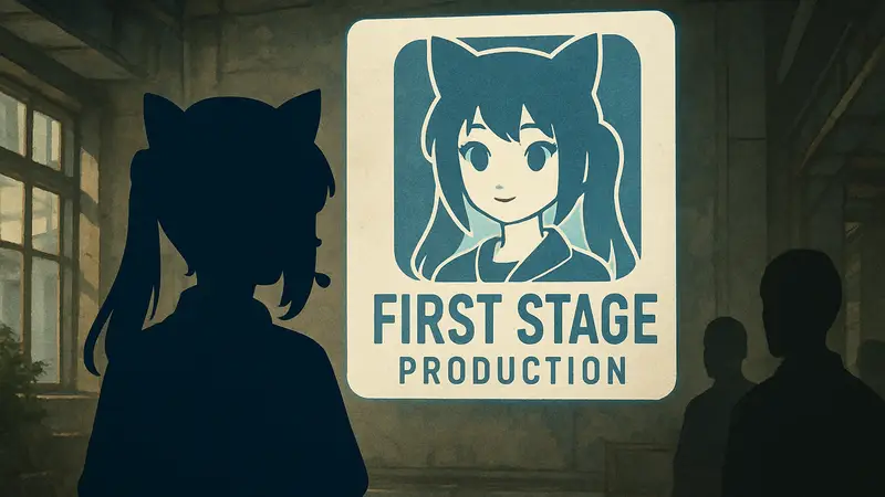 Логотип First Stage Production с изображением виртуального стримера (Vtuber).