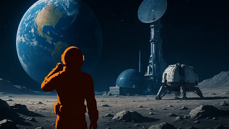 Кадр из игры Pragmata с футуристическим пейзажем Луны и персонажем.