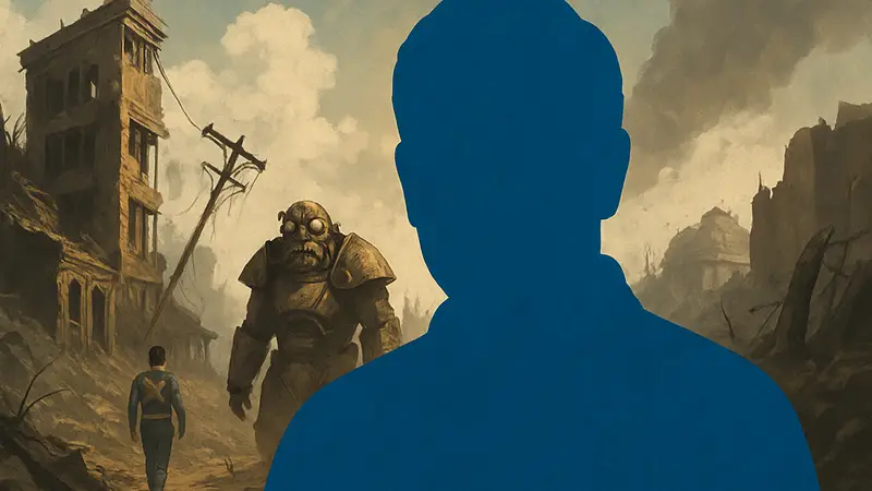 Портрет Тима Кейна, создателя игры Fallout, на фоне элементов постапокалиптического мира.