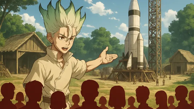 Кадр из аниме Dr. Stone: Сэнку руководит подготовкой к космической программе.