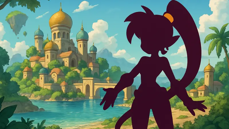 Главная героиня Shantae из новой части Shantae 7 в стиле аниме-игры, на фоне волшебного мира.