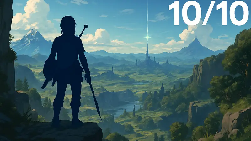 Сцена из игры с открытым миром, широкий пейзаж, рейтинг 10/10