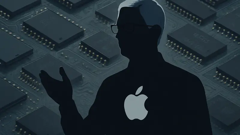 Тим Кук, глава Apple, на фоне микросхем памяти, символизирующих дефицит.