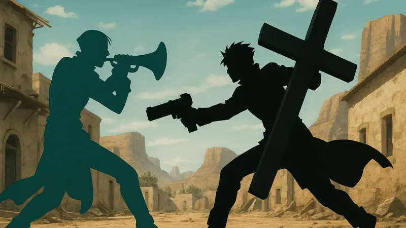 Сцена из аниме Trigun Stargaze: Мидвелли и Вульфвуд в бою.