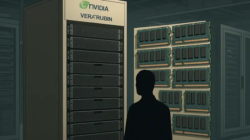 Рендер стойки Nvidia Vera Rubin с серверным оборудованием и чипами памяти.