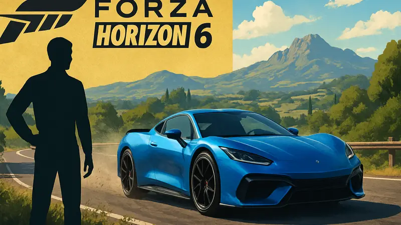 Логотип Forza Horizon 6 на золотом фоне, скриншот гоночной игры