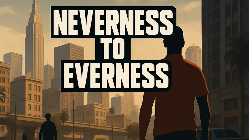 Логотип игры Neverness to Everness на фоне городского пейзажа, напоминающего GTA