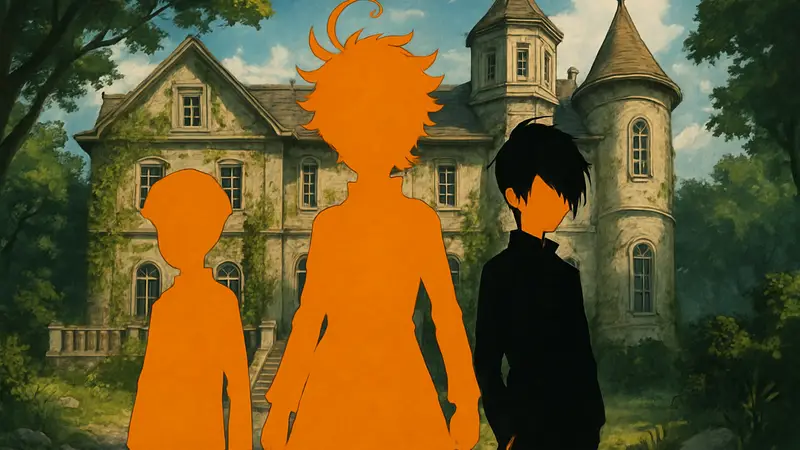 Обложка манги «Обещанный Неверленд» с главными героями Эммой, Норманом и Рэем.