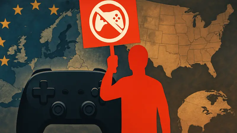 Логотип организации Stop Killing Games на фоне игрового контроллера и карт ЕС/США.