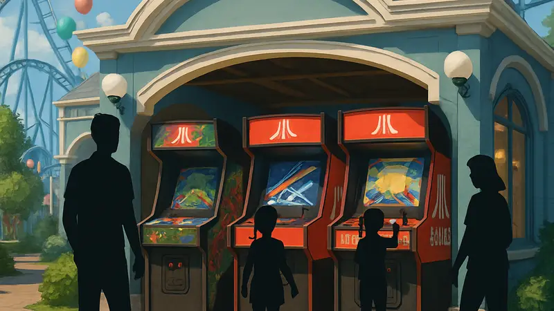 Аттракцион аркады в Planet Coaster 2 с логотипами Atari на игровых автоматах.