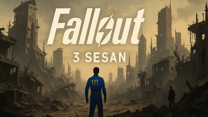 Логотип сериала Fallout на фоне разрушенного города, анонс 3 сезона