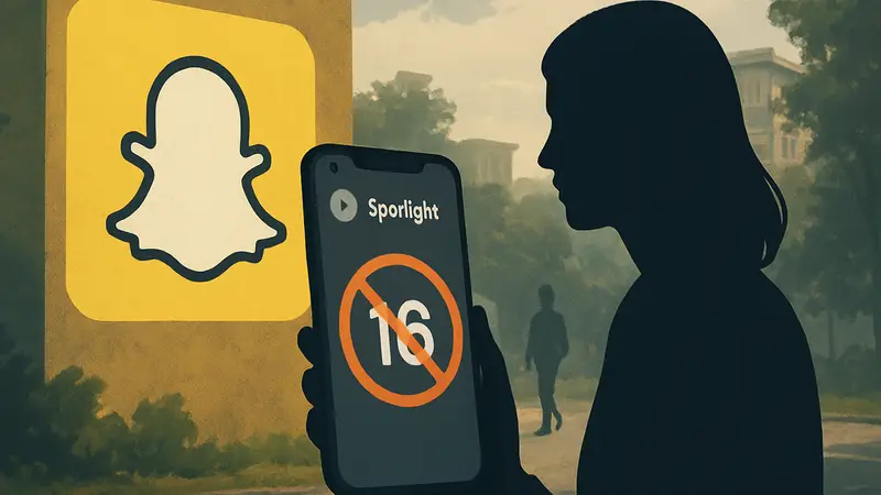 Логотип Snapchat и смартфон с функцией Spotlight, ограничения для пользователей до 16 лет.