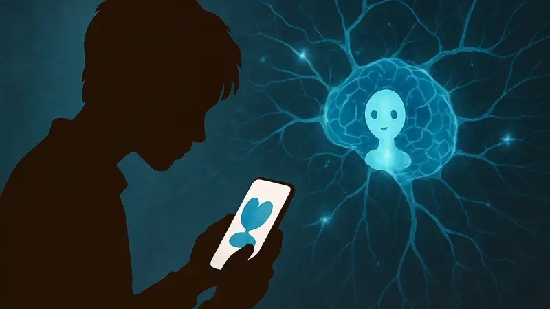 Подросток, использующий смартфон с ИИ-помощником для эмоциональной поддержки, на фоне абстрактной нейросети.