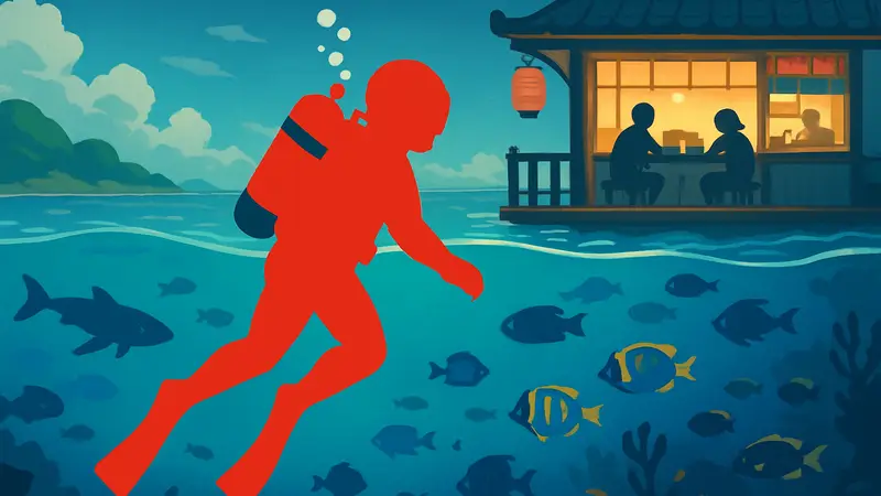 Обложка игры Dave the Diver: дайвер в синей воде среди рыб, на заднем плане элементы суши-ресторана.