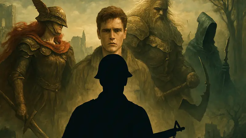 Кит Коннор в окружении персонажей из Elden Ring, демонстрирующий связь с военной драмой.