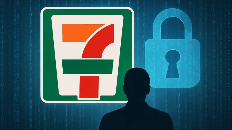 Логотип 7-Eleven на фоне цифровых символов и замка, символизирующих утечку данных и кибербезопасность