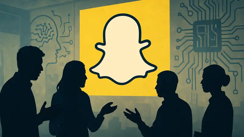 Сотрудники Snap обсуждают увольнения, на фоне логотип компании и элементы ИИ