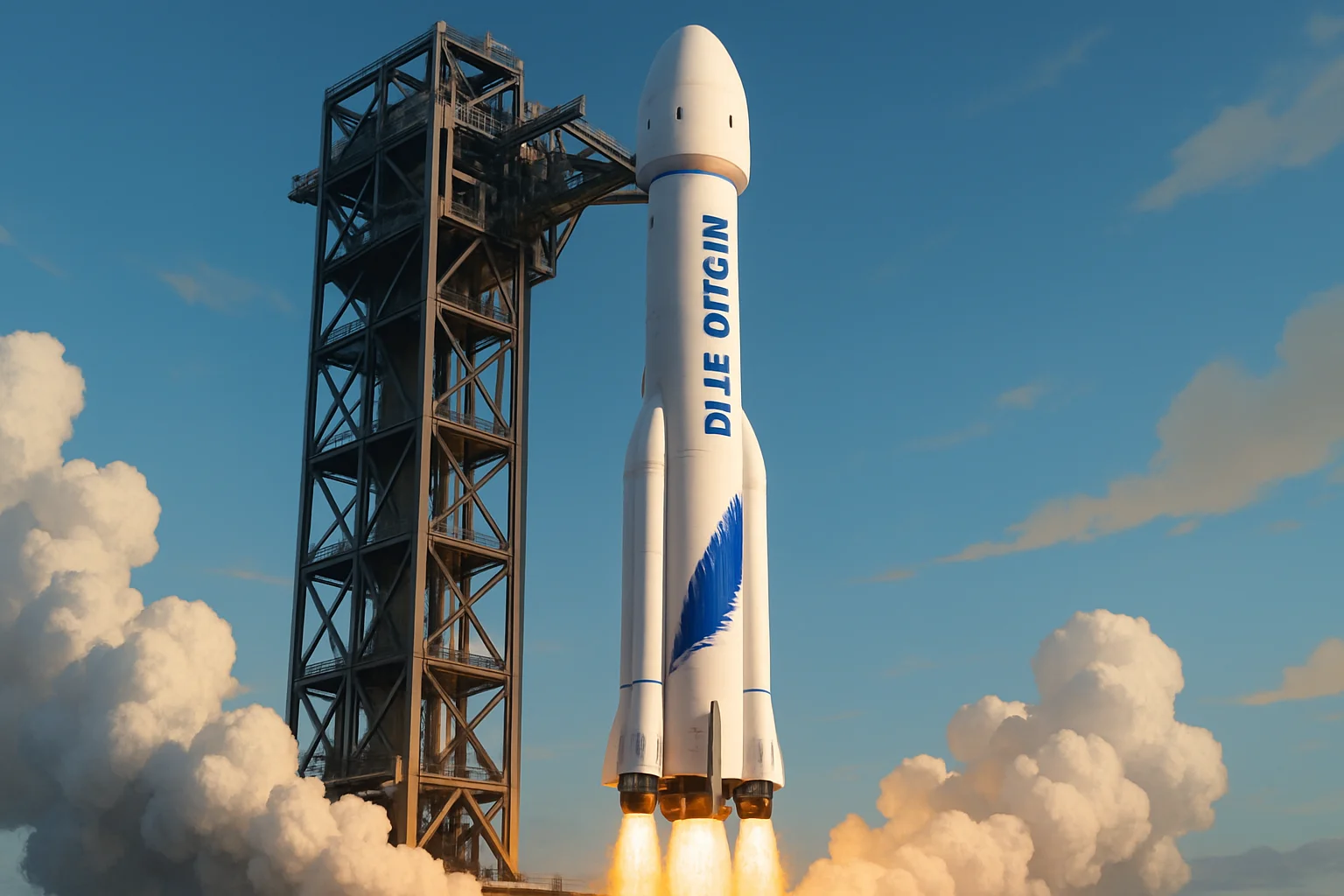 На изображении представлена мощная ракета New Glenn компании Blue Origin, готовящаяся к запуску.