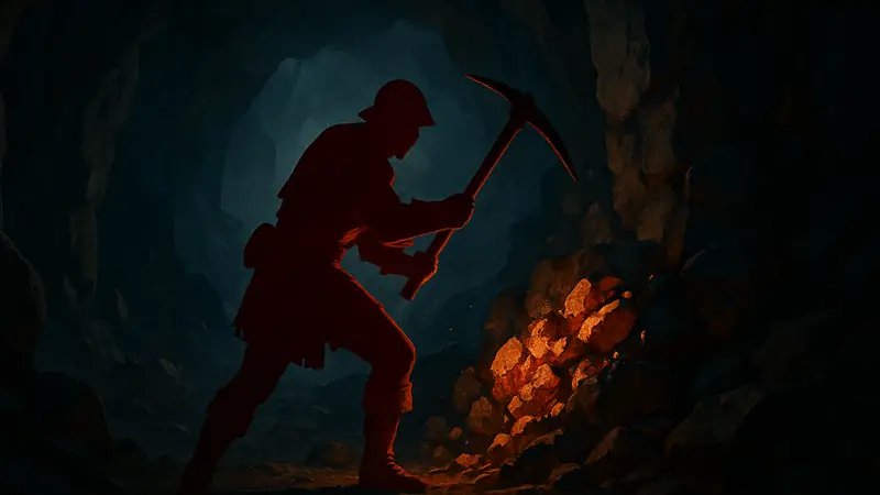 Игрок добывает медную руду в тёмной пещере Crimson Desert.