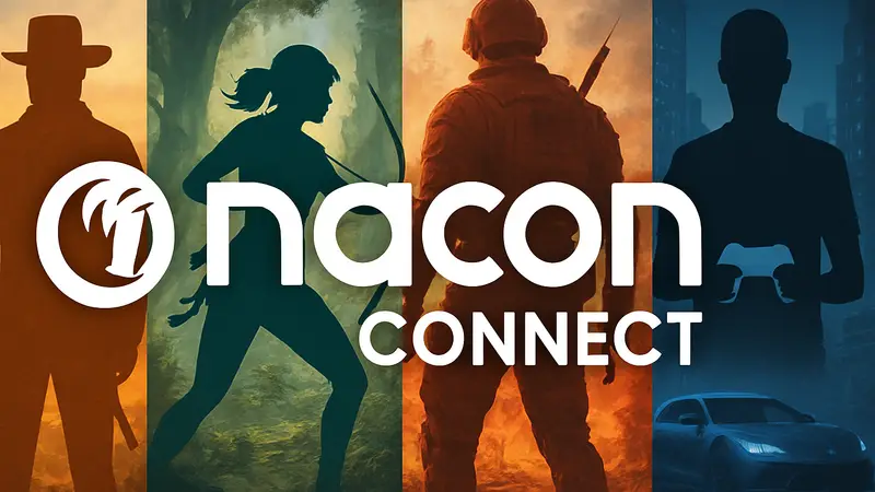 Логотип Nacon Connect на фоне игровых кадров, анонсирующий предстоящую презентацию.
