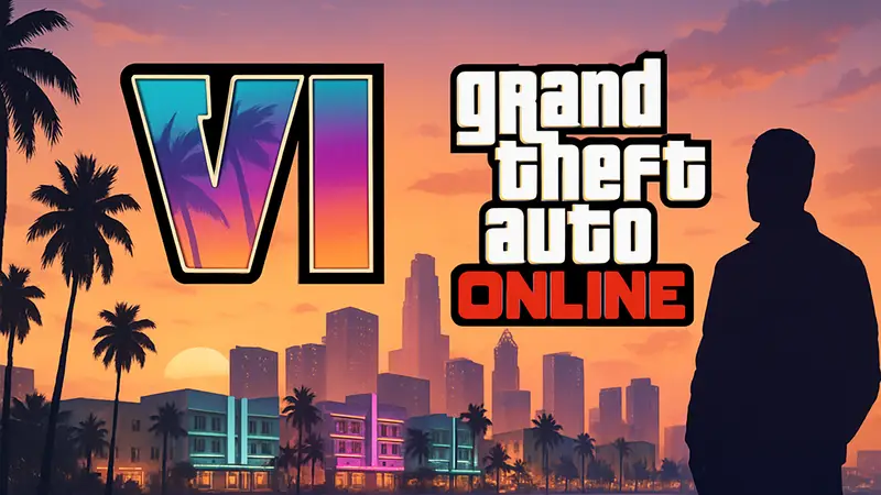 Логотипы Grand Theft Auto VI и Grand Theft Auto Online на фоне города Вайс-Сити