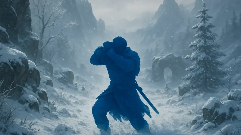 Игровой персонаж Клифф в заснеженном регионе Crimson Desert, сражается с холодом и инеем.