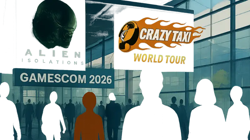 Логотипы Alien: Isolation 2 и Crazy Taxi: World Tour на фоне Gamescom 2026