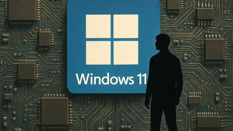 Логотип Windows 11 на фоне микросхем, символизирующих старый код Win32