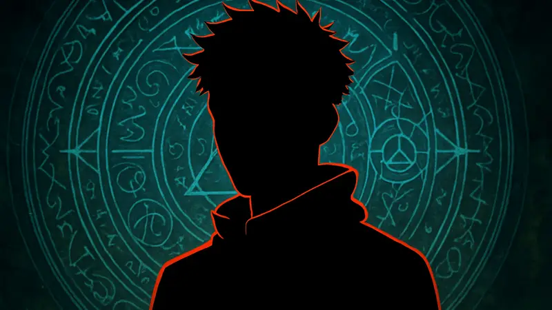 Юдзи Итадори из аниме Jujutsu Kaisen с серьёзным лицом на фоне мистических символов, символи