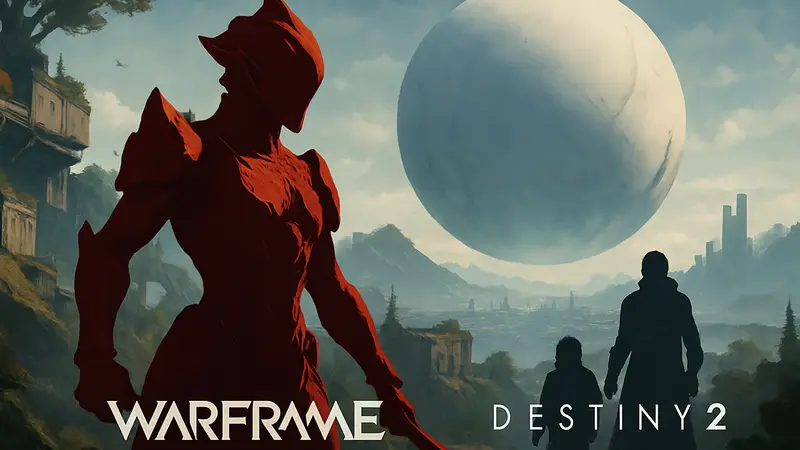 Игровой персонаж Warframe Honoria на фоне Destiny 2 с логотипами обеих игр