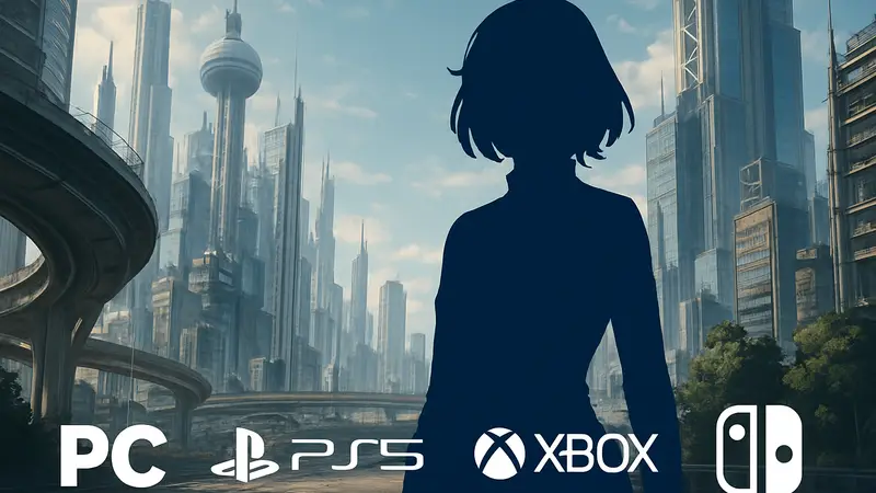 Героиня игры Pragmata на фоне футуристического города, логотипы платформ PC, PS5, Xbox Series X|S, Switch 2.