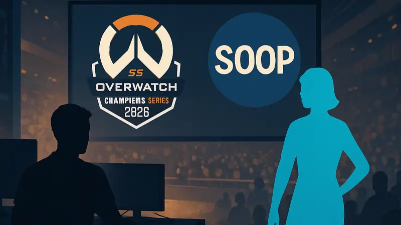 Логотип Overwatch Champions Series 2026 и SOOP, символизирующие партнерство в киберспорте и стриминге.