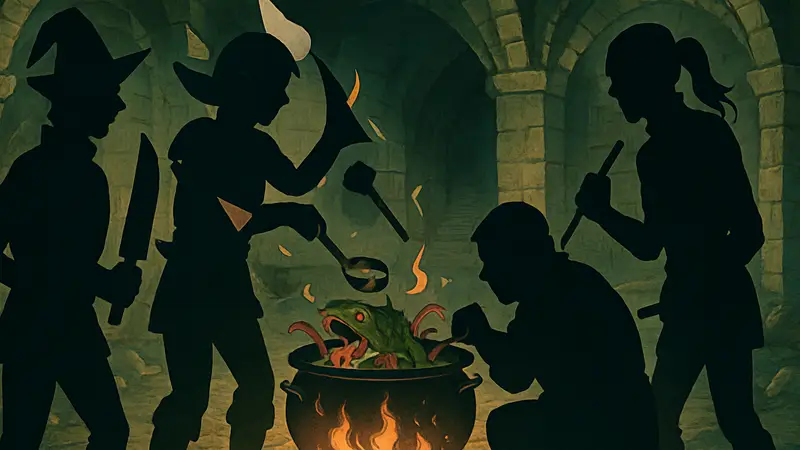 Кадр из аниме «Подземелье вкусностей» с персонажами, готовящими необычное блюдо из монстров в подземелье.