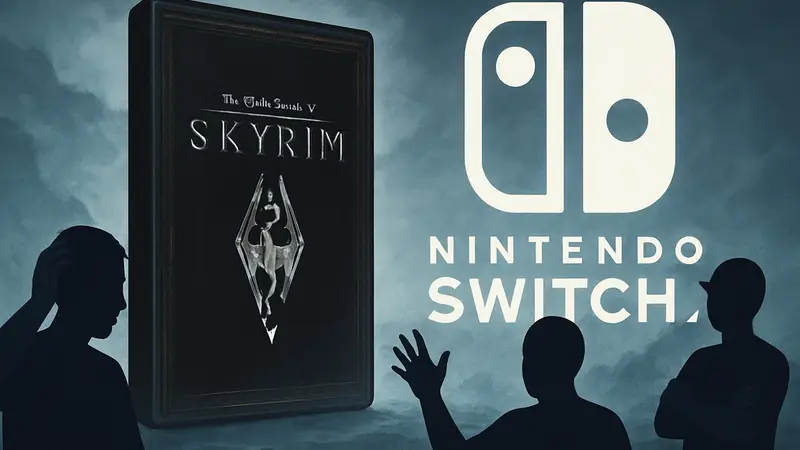 Изображение обложки The Elder Scrolls V Skyrim на фоне логотипа Nintendo Switch 2, символизирующее цифровой релиз.