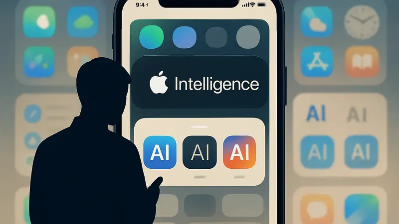 Логотип Apple Intelligence на фоне интерфейса iOS 27 с выбором ИИ-моделей