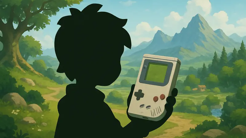 Персонаж из Pokopia держит классический Game Boy, на фоне игрового мира