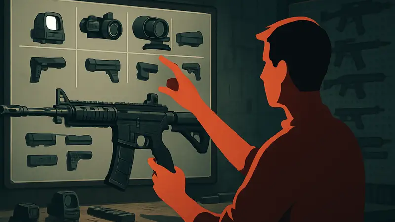 Игрок в FPS-шутер модифицирует винтовку, выбирая обвесы и прицелы. Глубокая кастомизация оружия.