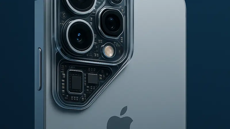 Кастомный iPhone Air с прозрачным блоком камер, демонстрирующий внутренние компоненты модуля камеры и уникальный дизайн.