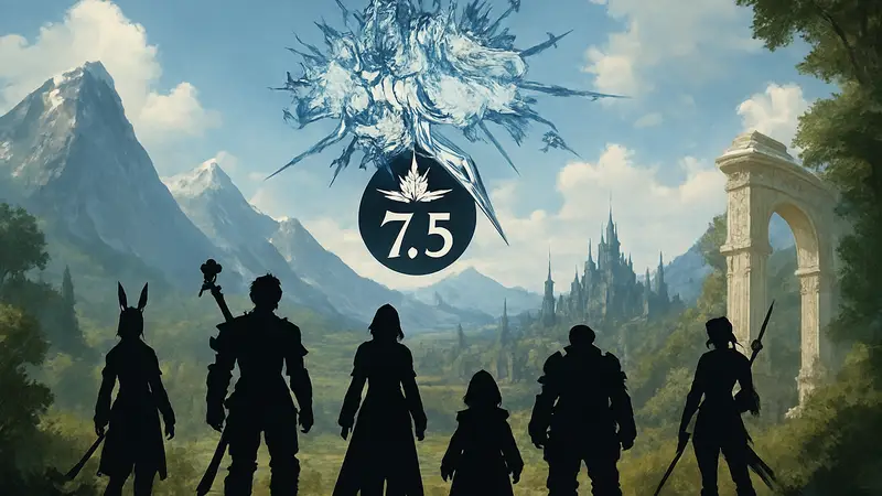 Логотип Final Fantasy XIV с символикой патча 7.5 и персонажами игры.