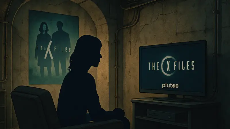 Молли Хоттл смотрит "Секретные материалы" в бункере, на заднем плане телевизор с логотипом Pluto TV и плакат сериала.