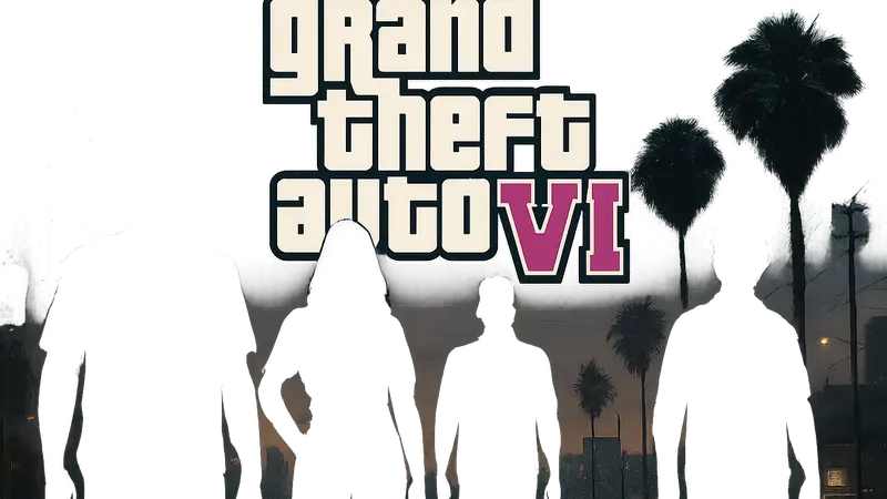 Логотип игры Grand Theft Auto 6 (GTA 6) на темном фоне с силуэтами персонажей.